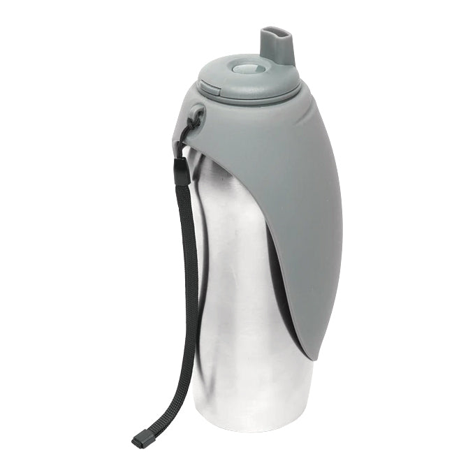 Messy Mutts Grey Stainless Travel Bottle with Silicone Flip Up Bowl for Dogs